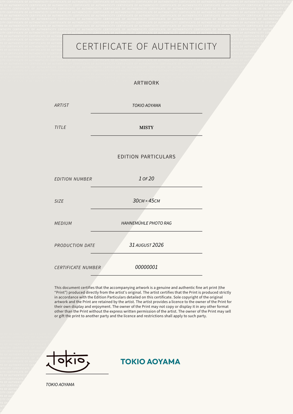 MISTY — Certificate of Authenticity