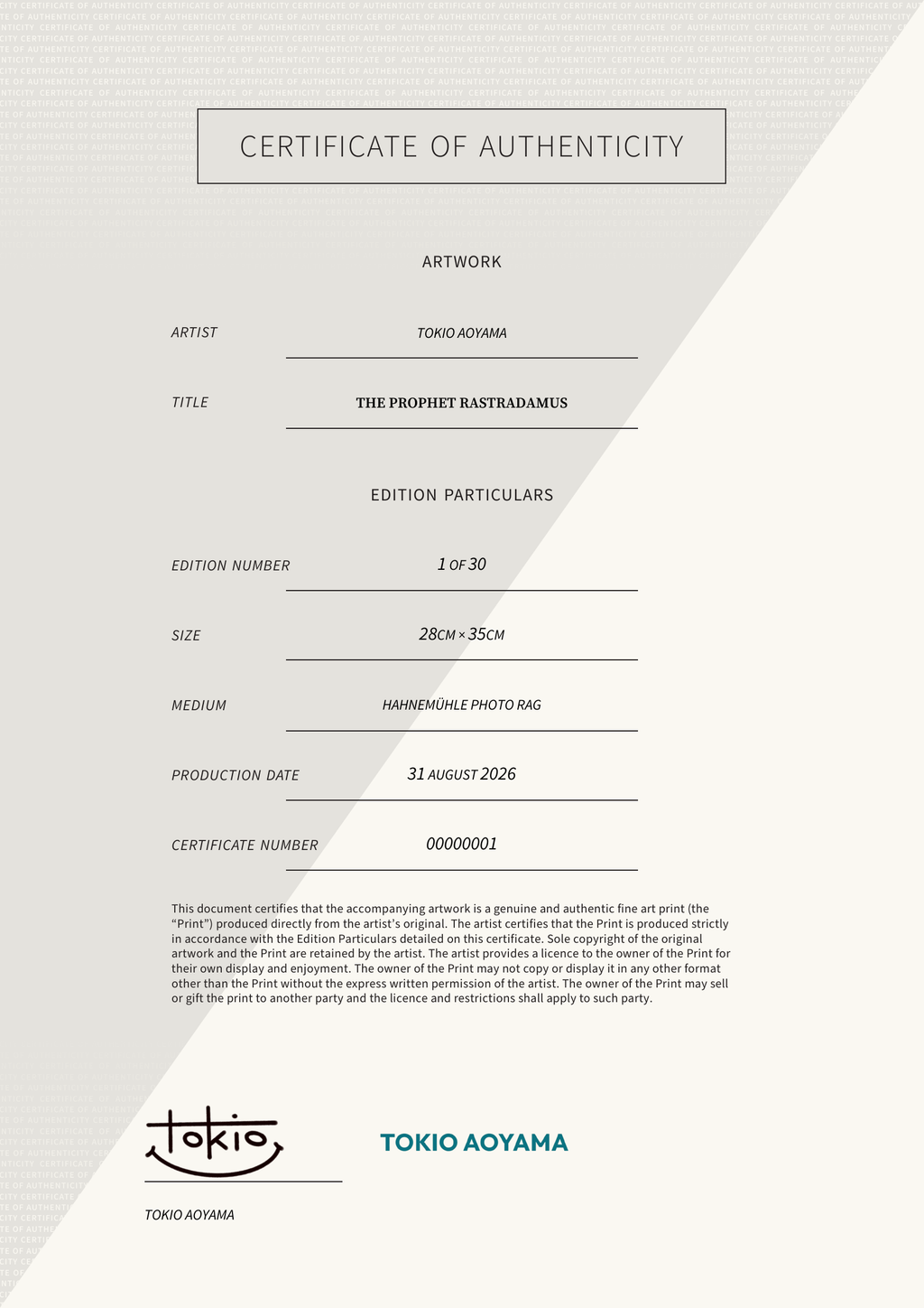 THE PROPHET RASTRADAMUS — Certificate of Authenticity
