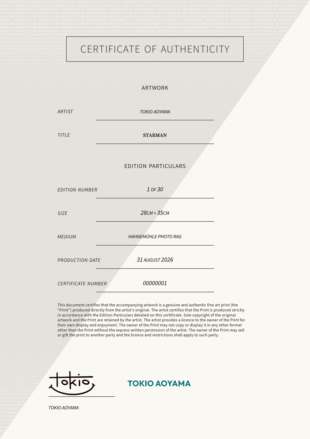 STARMAN — Certificate of Authenticity